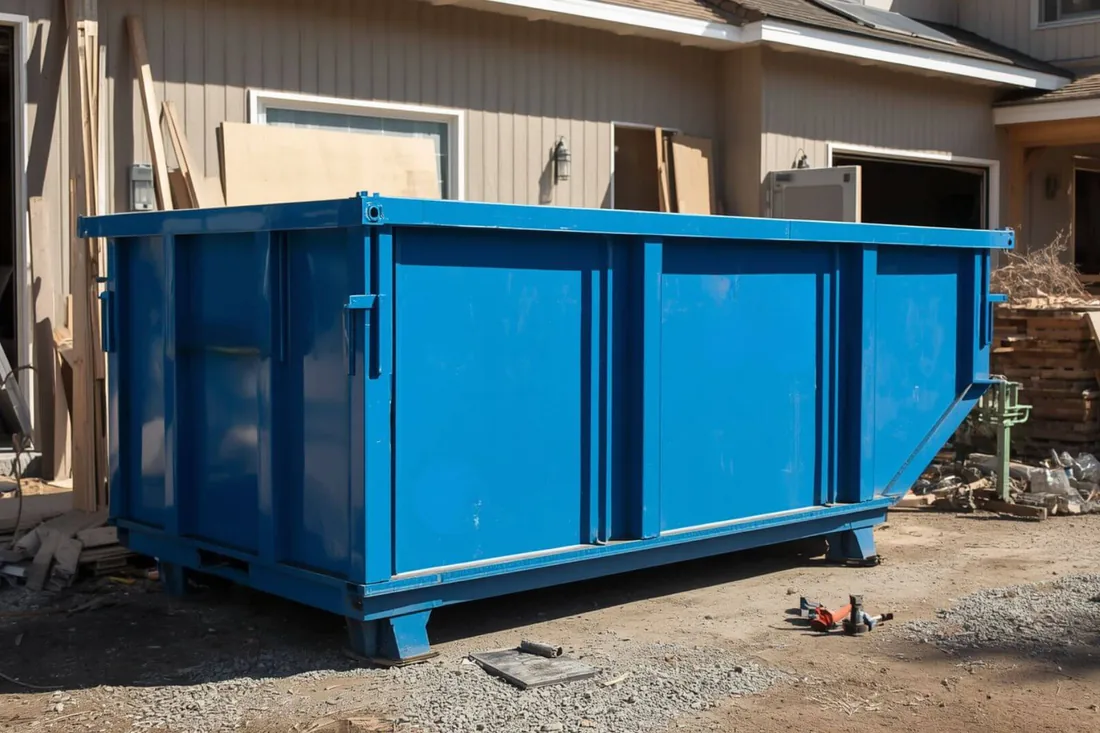 Empty blue roll off container rental parked beside a property in Hellertown, PA